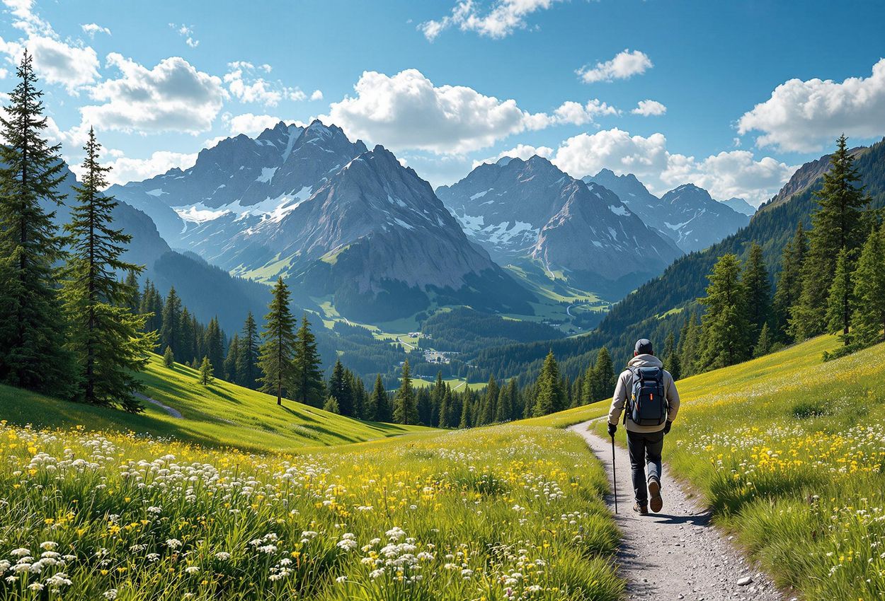 A stunning landscape photograph captures a lone hiker on the Hochschwab Panorama Trail in Wildalpen, Austria, showcasing the breathtaking beauty of the Austrian Alps in late spring.