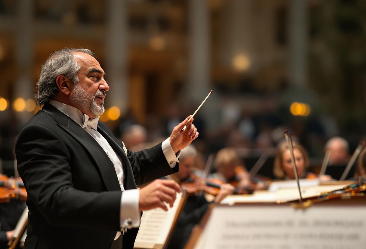 A candid photograph capturing Tugan Sokhiev leading the Vienna Philharmonic with Piotr Beczala at the Summer Night Concert in Schönbrunn Palace, Vienna.