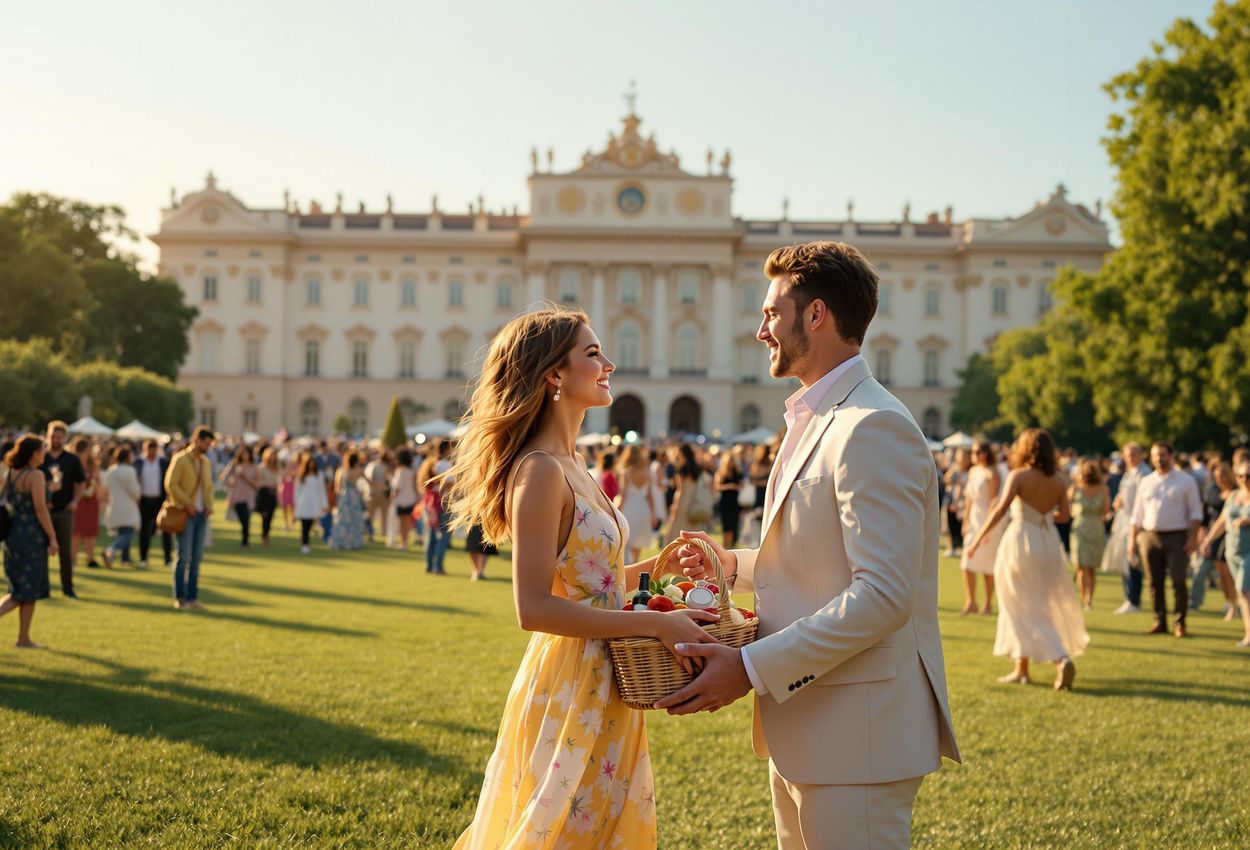 A street-style photograph captures the vibrant atmosphere of the Summer Night Concert at Schönbrunn Palace, with people enjoying music and picnicking on the lawn.