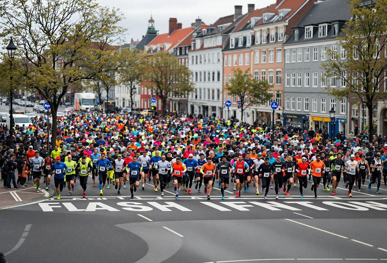 A photograph capturing the dynamic start of the Copenhagen Marathon, filled with diverse runners and iconic Danish architecture.