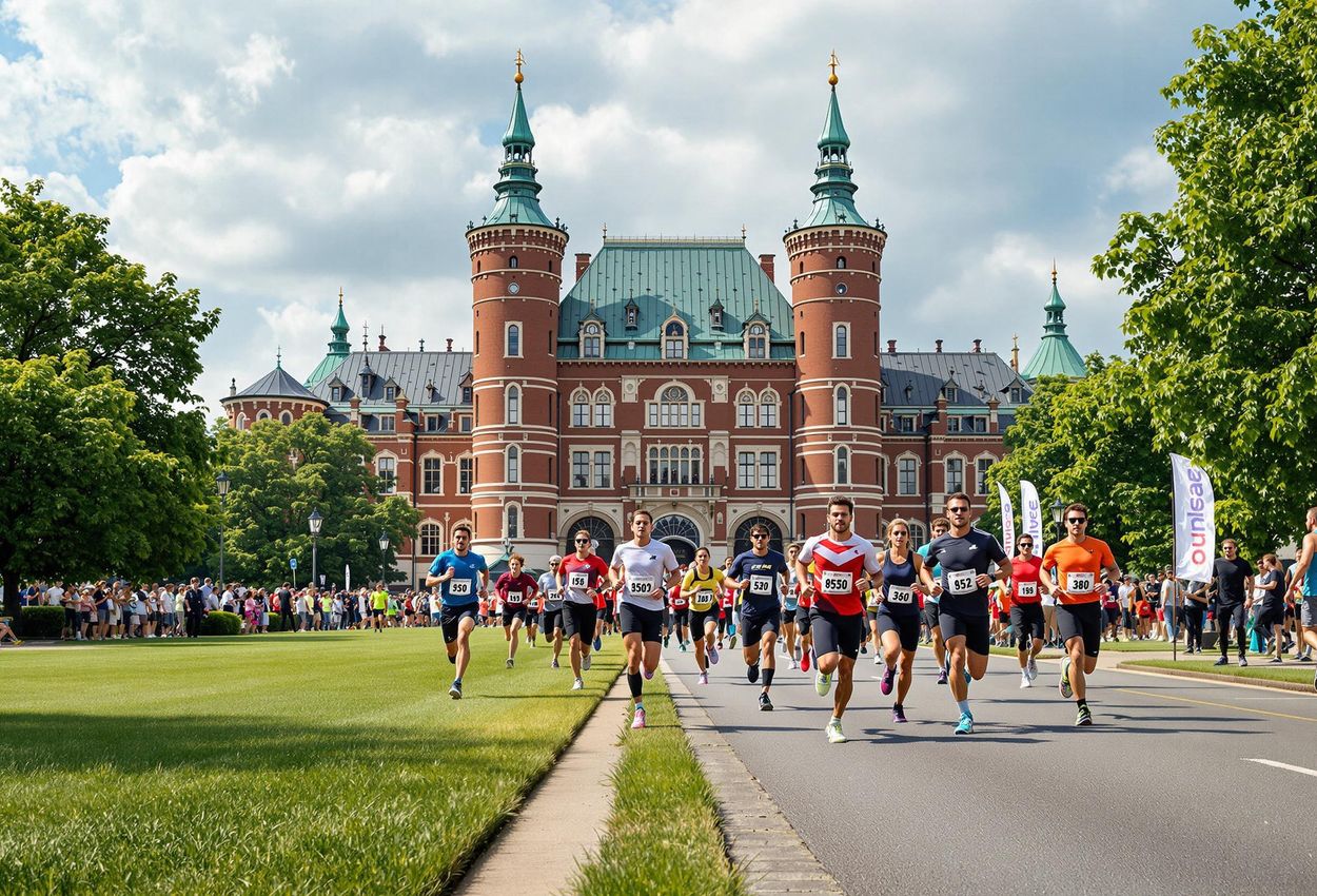 A photograph capturing the energy of the Copenhagen Marathon as runners pass the historic Rosenborg Castle, showcasing the blend of sport and Renaissance architecture.