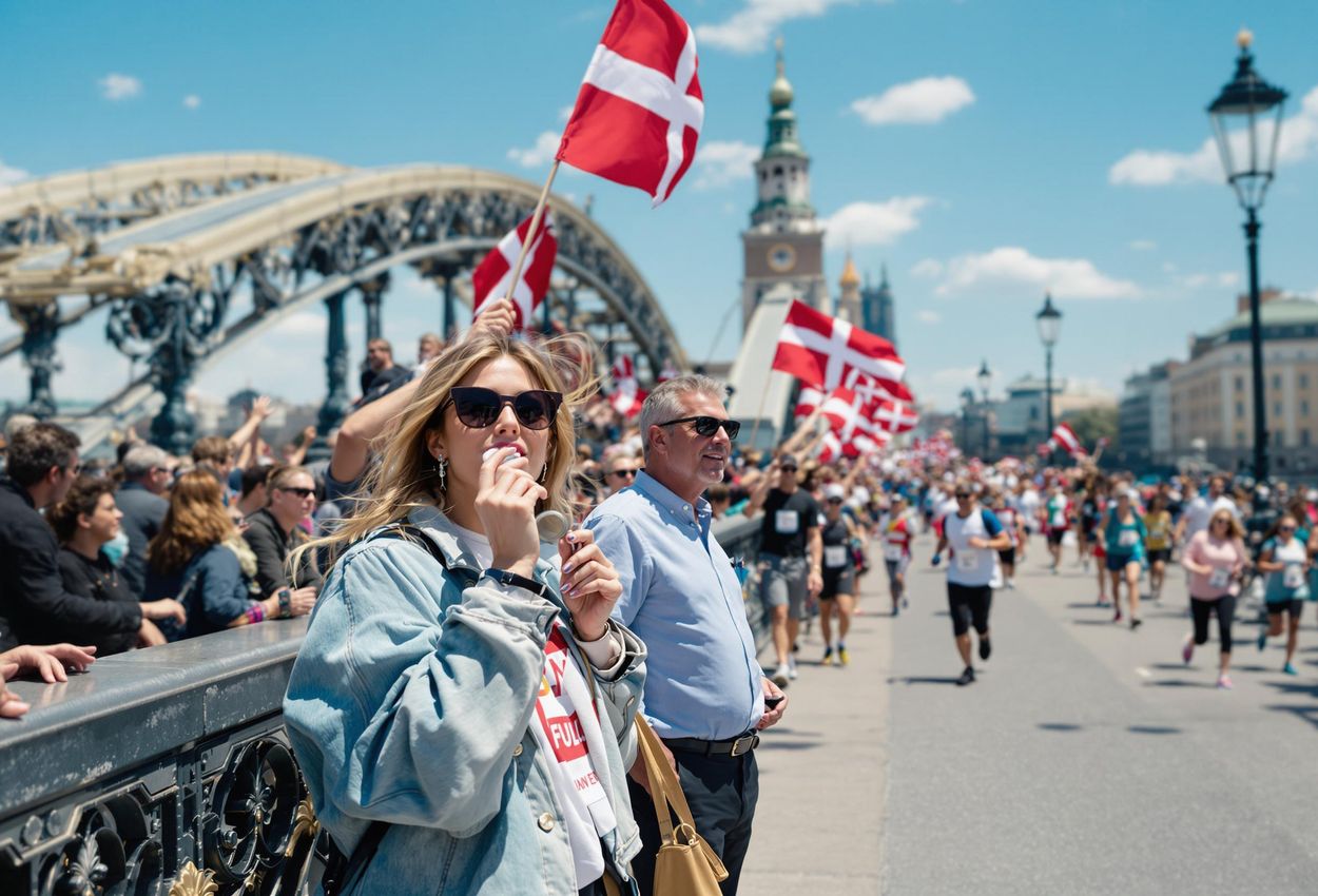A street-style photograph capturing the vibrant atmosphere and enthusiastic spectators at the Copenhagen Marathon on Dronning Louise
