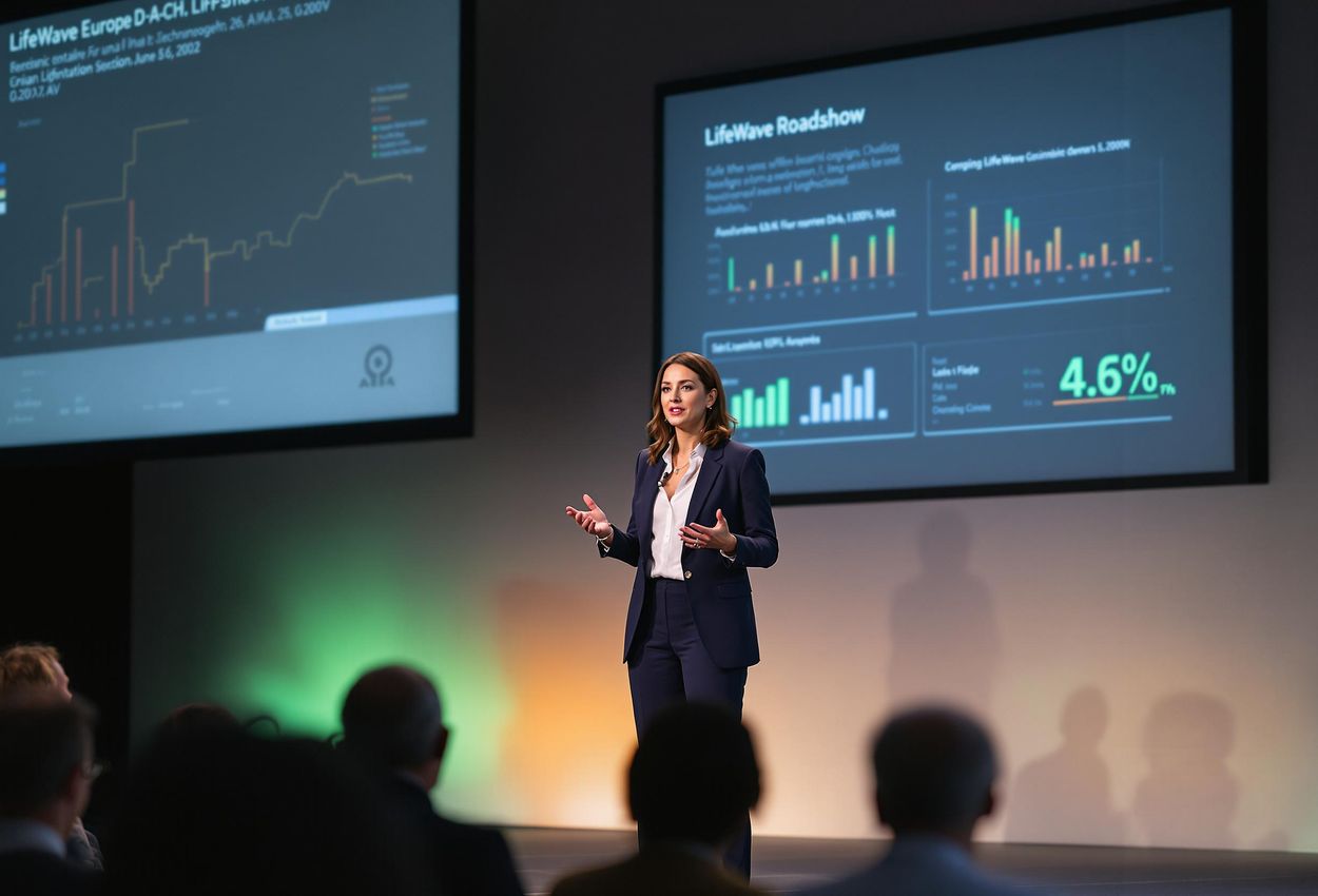 A medium shot of a speaker presenting at the LifeWave Europe D-A-CH Roadshow in Graz, Austria, on June 26, 2025. The image captures the speaker, audience, and presentation screen.