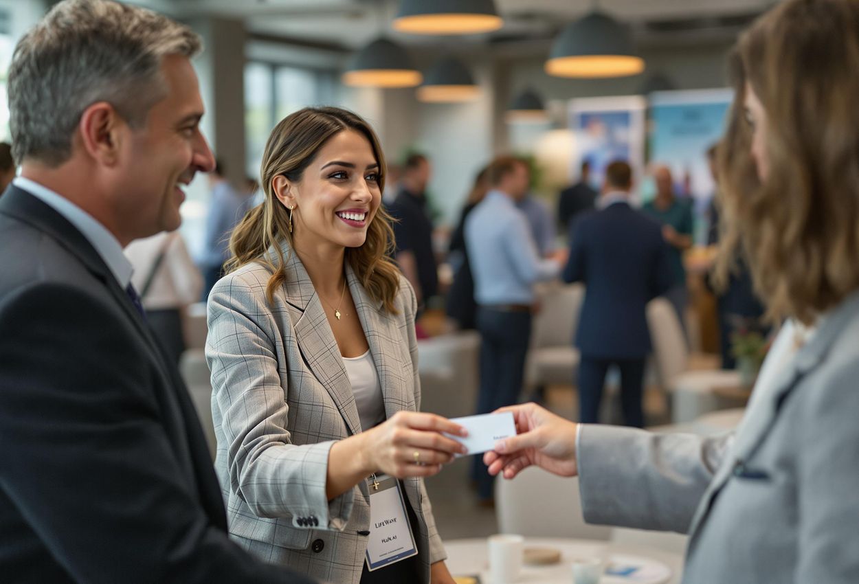 A candid photograph capturing attendees networking at the LifeWave Europe D-A-CH Roadshow in Graz, Austria, on June 26, 2025. The image showcases a relaxed and friendly atmosphere with people engaging in conversations and exchanging business cards.