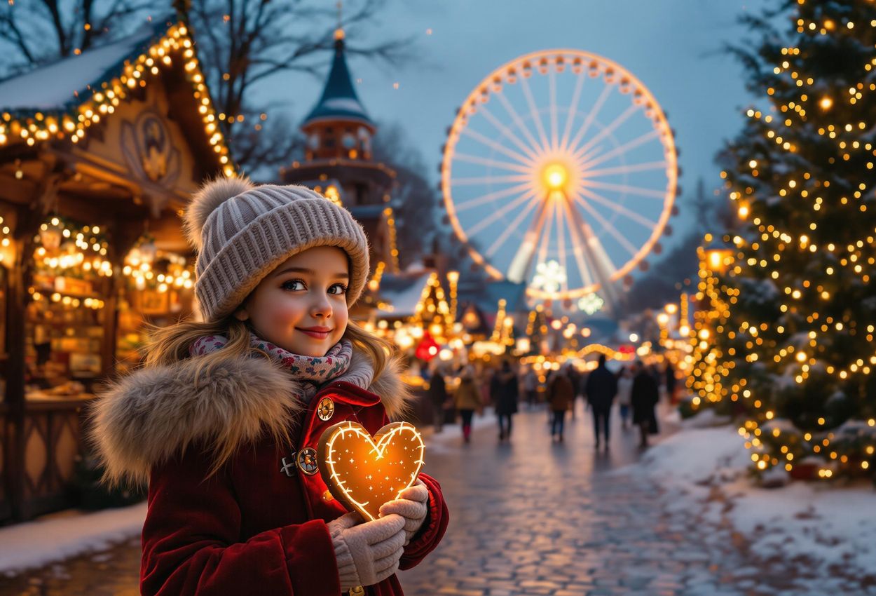 A wide-angle photograph captures the magical atmosphere of Tivoli Gardens Christmas Market in Copenhagen at dusk, filled with twinkling lights, festive decorations, and strolling families.