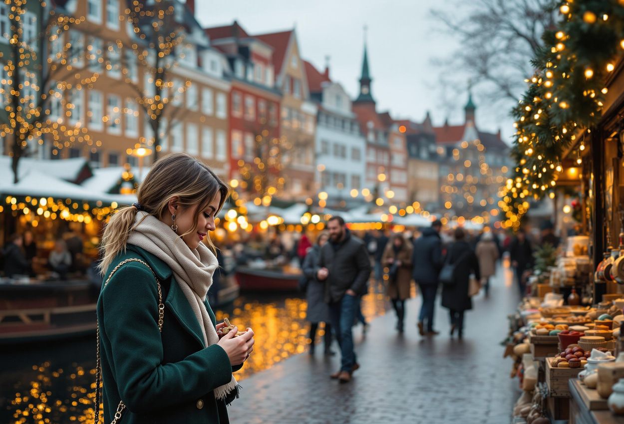 A photograph capturing the warm and inviting atmosphere of the Nyhavn Christmas Market in Copenhagen. Colorful buildings adorned with lights line the canal, as people browse stalls offering traditional Danish treats and crafts.