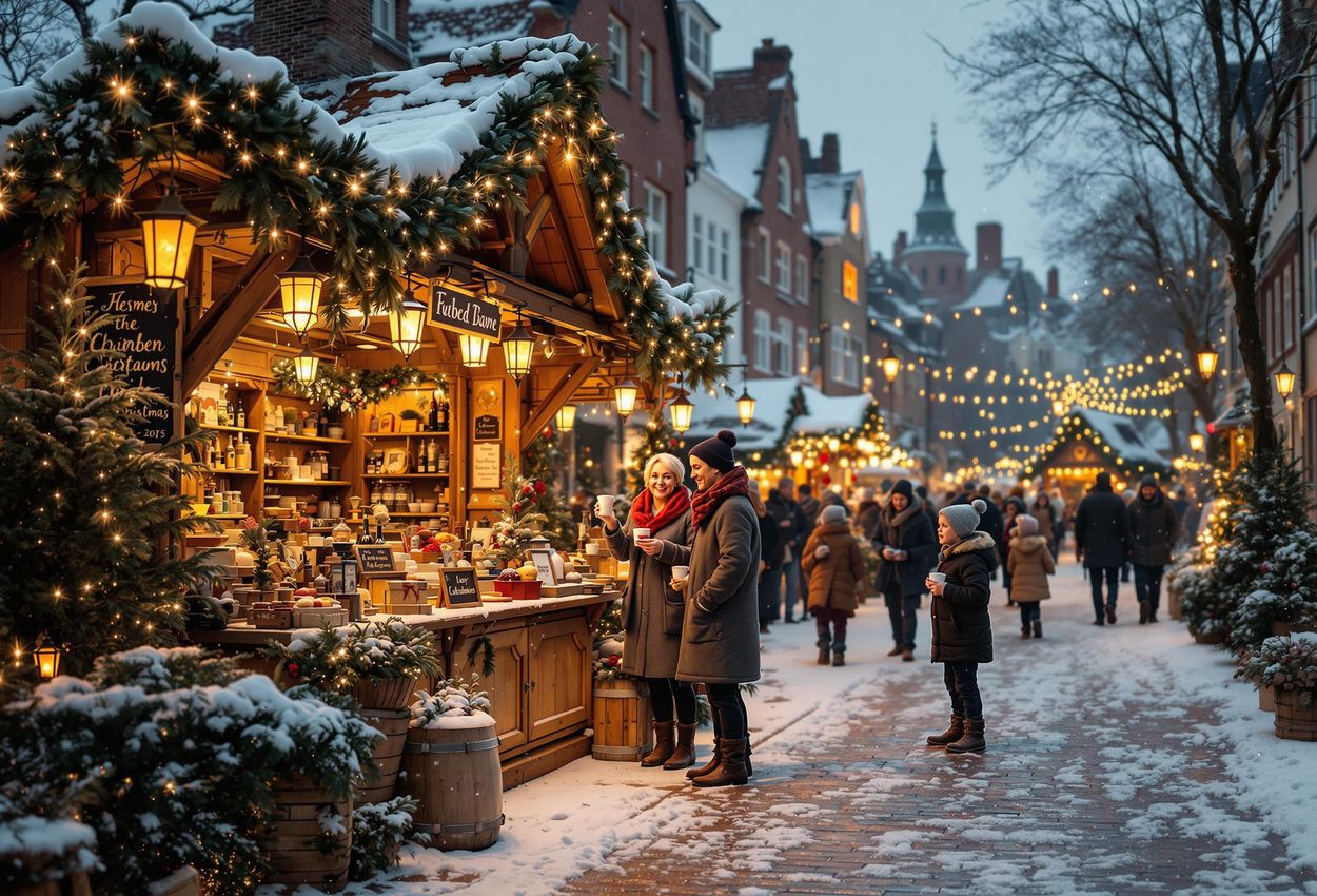 A photograph capturing the magical Christmas atmosphere in Den Gamle By, Aarhus, featuring historic buildings, costumed staff, and a bustling Christmas market.