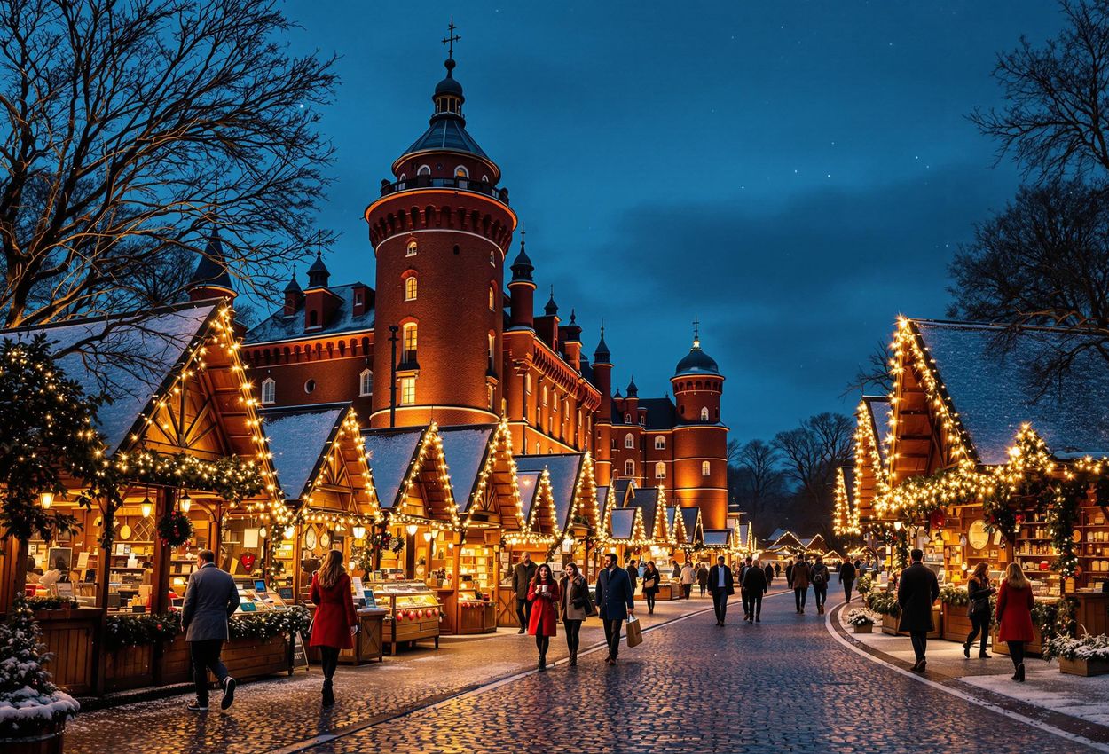 A scenic photograph of Egeskov Castle illuminated for Christmas, with a festive market lining the avenue leading to the castle entrance. Visitors stroll among the stalls, enjoying the magical atmosphere.