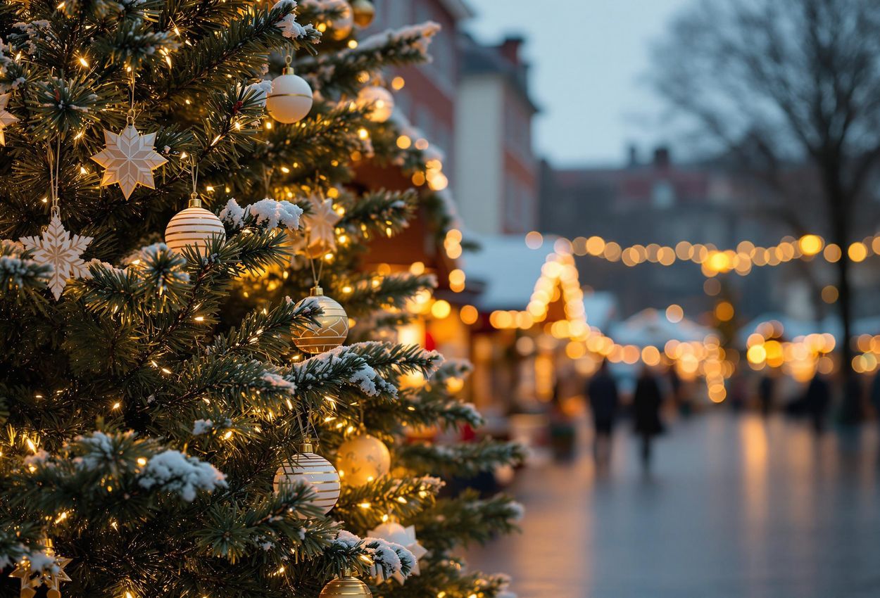 A close-up photograph capturing the enchanting atmosphere of the Højbro Plads Christmas Market in Copenhagen, featuring a beautifully decorated Christmas tree amidst twinkling lights and festive stalls.