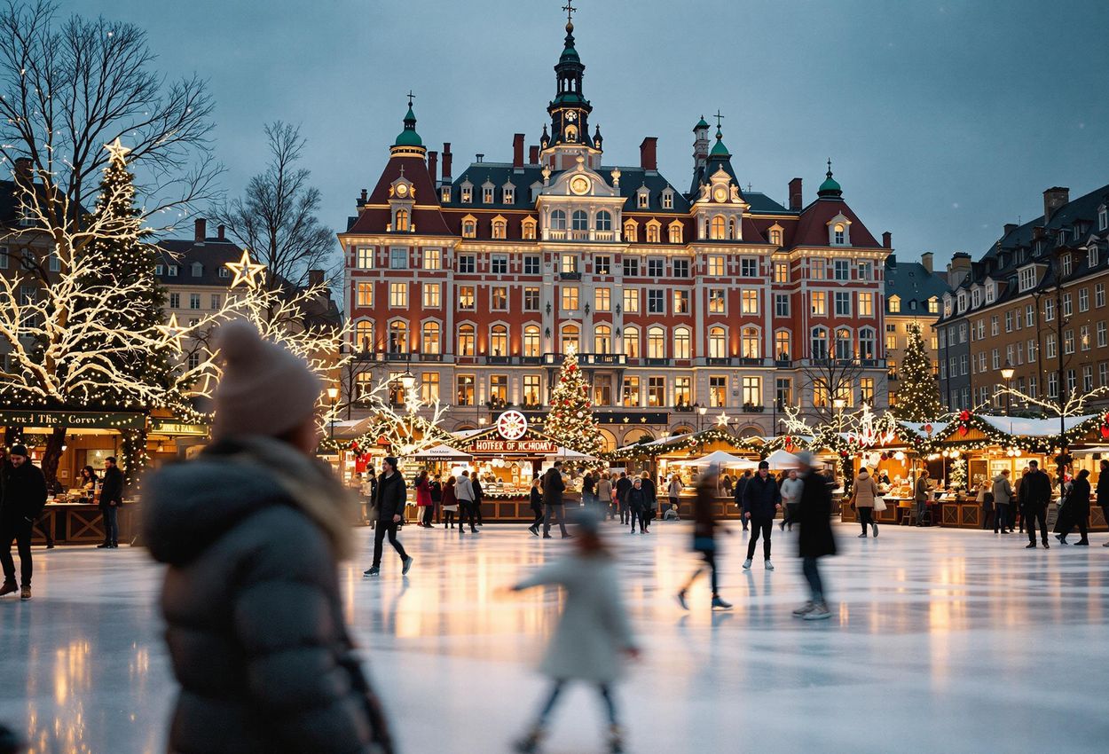 A captivating photograph of Kongens Nytorv Christmas Market in Copenhagen, showcasing the historic square adorned with festive decorations, an ice rink, and the illuminated Hotel D