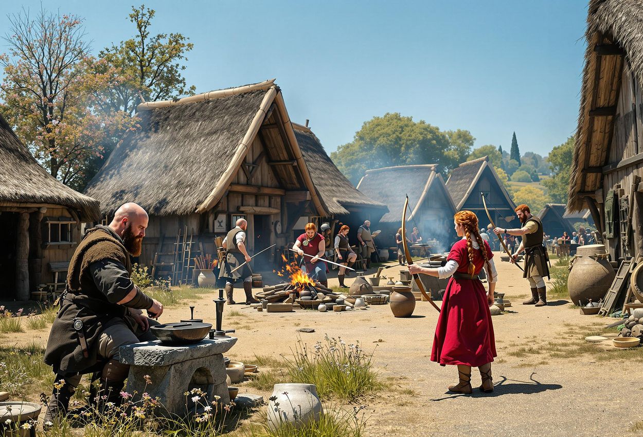 A captivating photograph capturing the vibrant atmosphere of Ribe Viking Centre, Denmark, where reenactors bring Viking history to life through traditional crafts and activities.