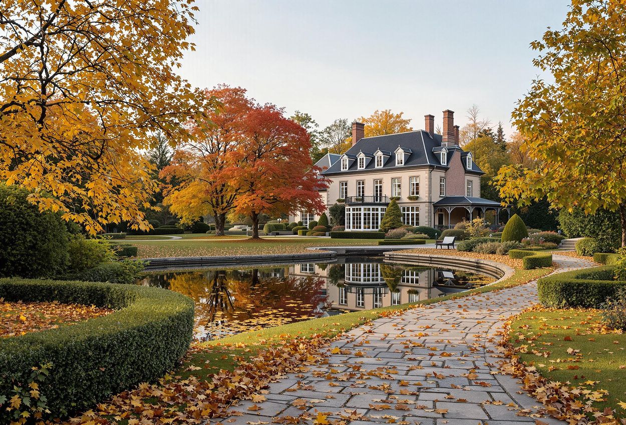 A scenic photograph capturing the beauty of Rungstedgaard manor house hotel in Denmark during autumn, showcasing vibrant foliage and classic architecture.