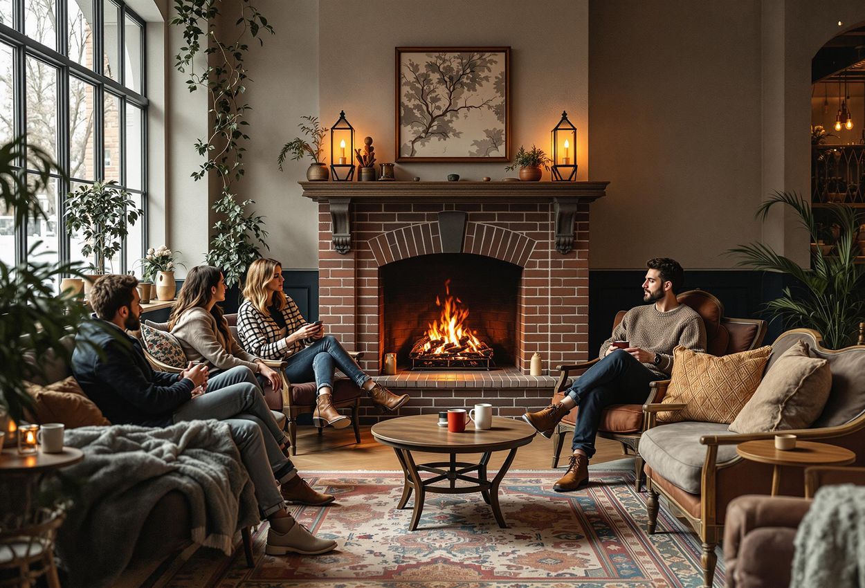 A warm and inviting photograph captures the interior of The Living Room cafe in Copenhagen during winter. Patrons relax by the fireplace in a 