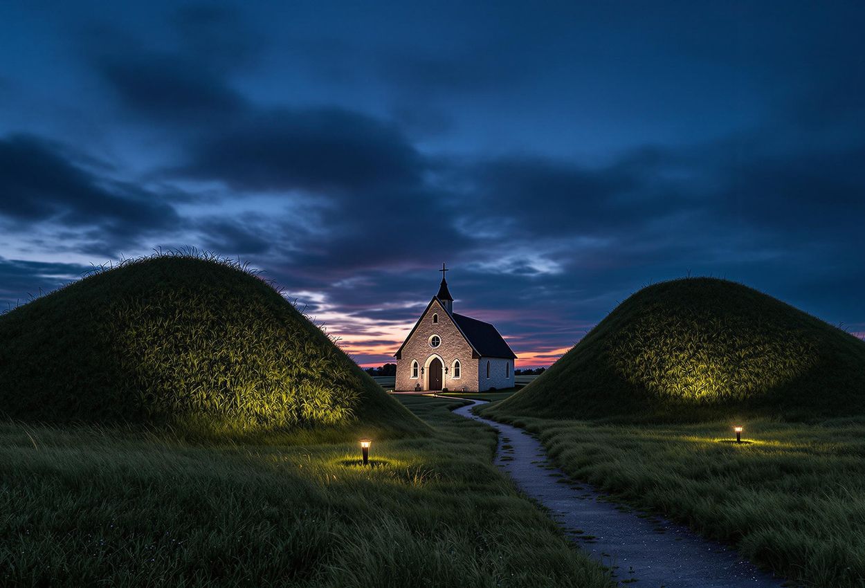 A captivating photograph of the Jelling Mounds in Denmark at dusk, featuring the illuminated runic stones and silhouetted burial mounds against a twilight sky.