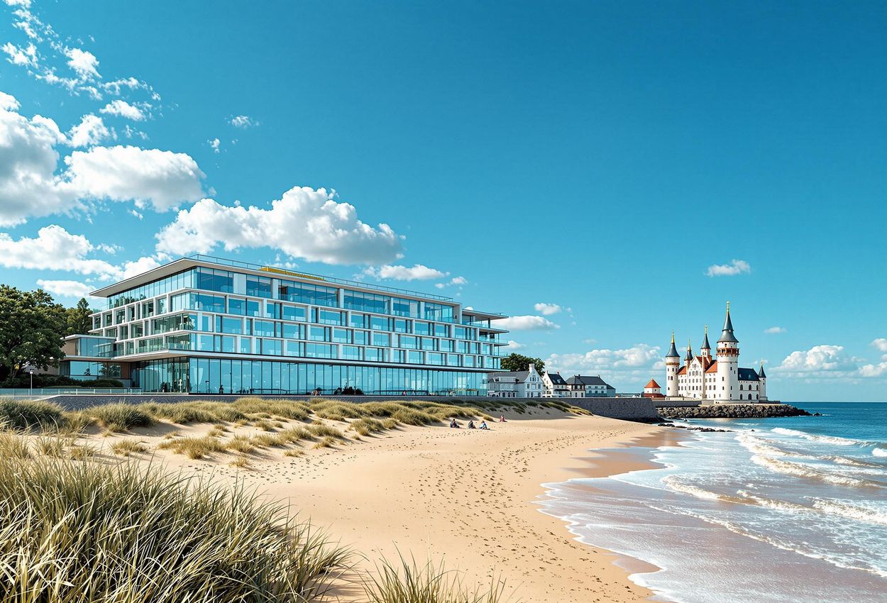 A stunning photograph of Marienlyst Strandhotel in Elsinore, Denmark, featuring a panoramic sea view and the historic Kronborg Castle in the distance.