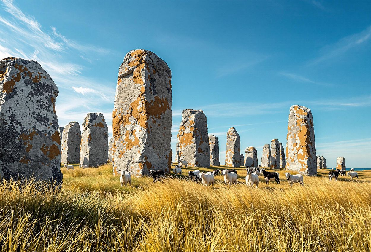 A photograph of Lindholm Høje burial ground in Denmark, featuring ancient stone formations and grazing goats bathed in golden sunlight on a sunny autumn afternoon.