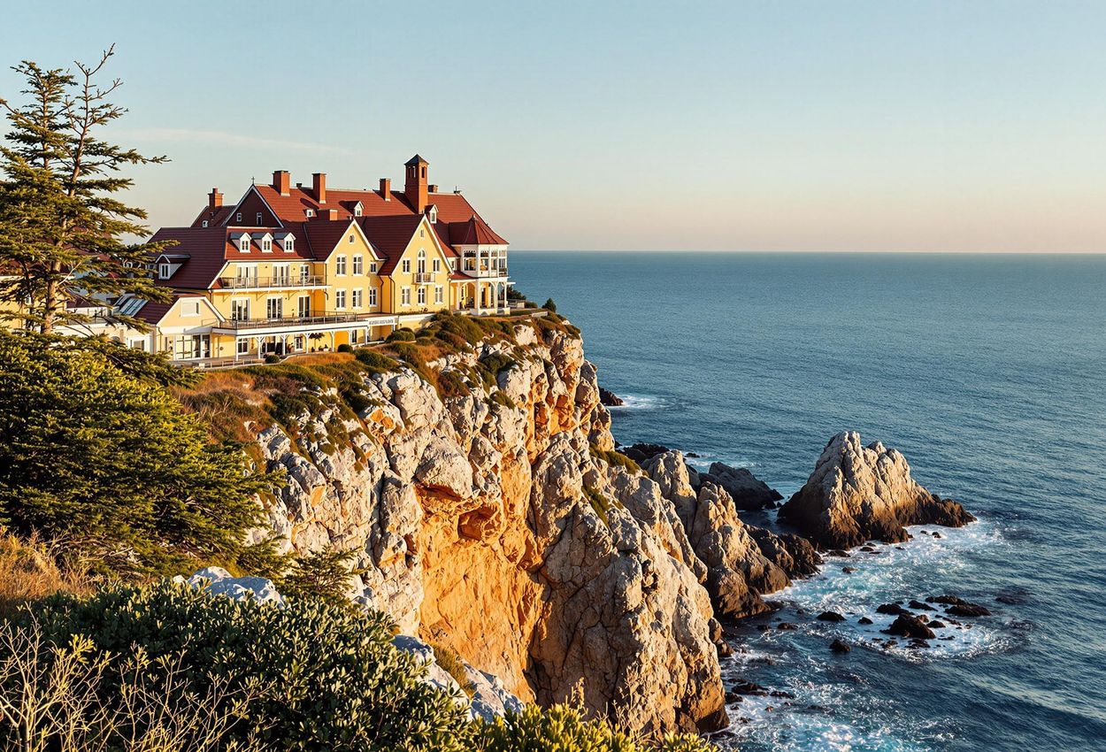 A scenic view of Stammershalle Badehotel in Bornholm, Denmark, showcasing its cliffside location, red roof tiles, and yellow facade against the backdrop of the Baltic Sea.