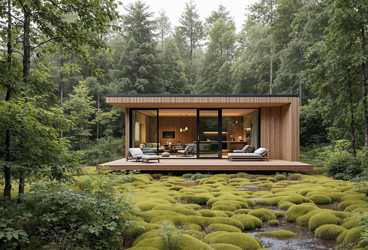 An intimate view of the Woodhouse sustainable tiny house hotel nestled in the serene forests of Als Odde, Denmark. Showcasing modern architecture and eco-friendly living.