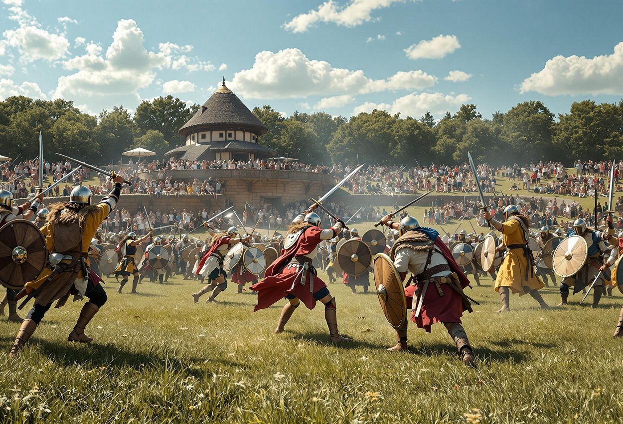 A photograph capturing a dynamic Viking battle reenactment at the historic Trelleborg Viking Fortress in Denmark, showcasing the intensity of Viking warfare and the vibrant atmosphere of the annual Viking Festival.