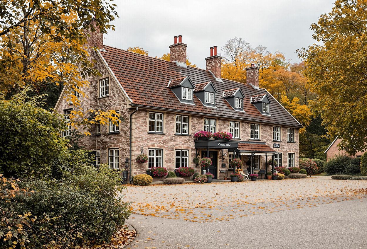 A photograph of the charming Dronninglund Hotel in North Jutland, Denmark, surrounded by vibrant autumn foliage. The image captures the hotel