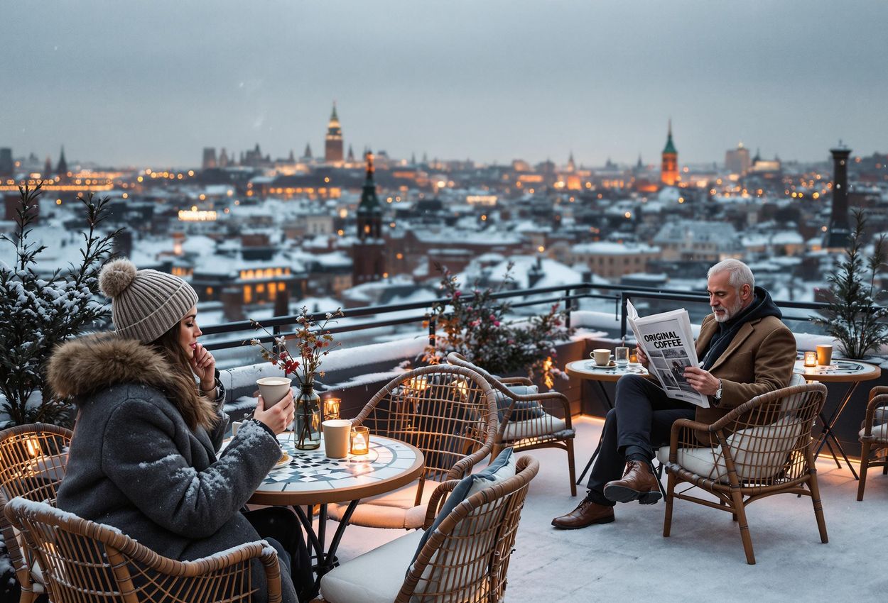 A photograph capturing a winter afternoon view from Original Coffee Illum Rooftop in Copenhagen, showcasing snow-covered rooftops, iconic landmarks, and people enjoying coffee.