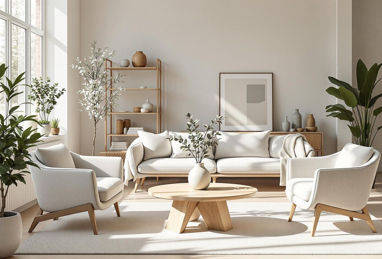 A photograph showcasing the brightly lit, minimalist interior of a Swedish design shop, featuring sleek modern furniture and decorative objects in a serene and inviting atmosphere.