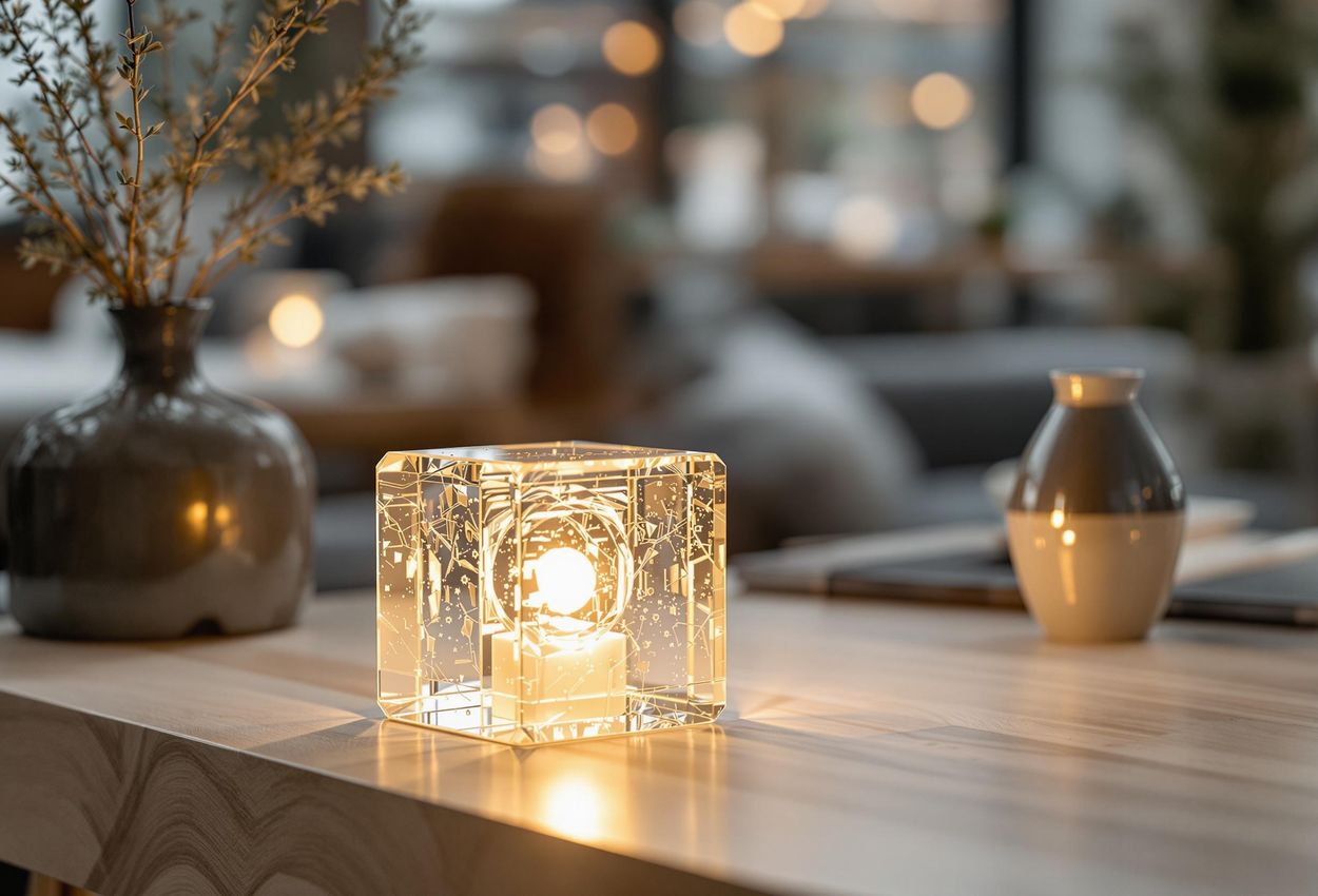 A close-up photograph of the Block Lamp designed by Harri Koskinen, displayed in a Design House Stockholm store. The lamp is made of two glass blocks with a light source in the center, emitting a warm glow.