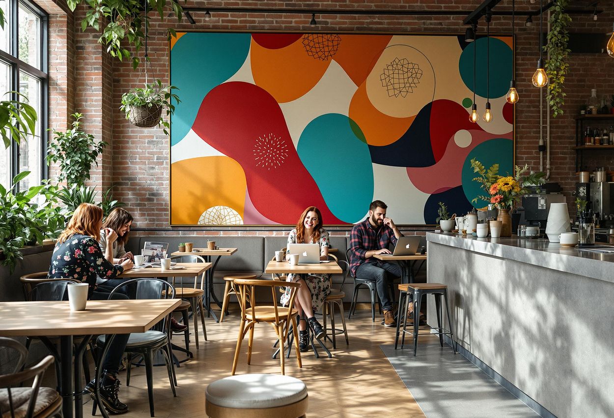 A photograph capturing the lively interior of Alkemisten cafe in Gothenburg, Sweden, featuring unique art, comfortable seating, and people enjoying coffee and conversation.