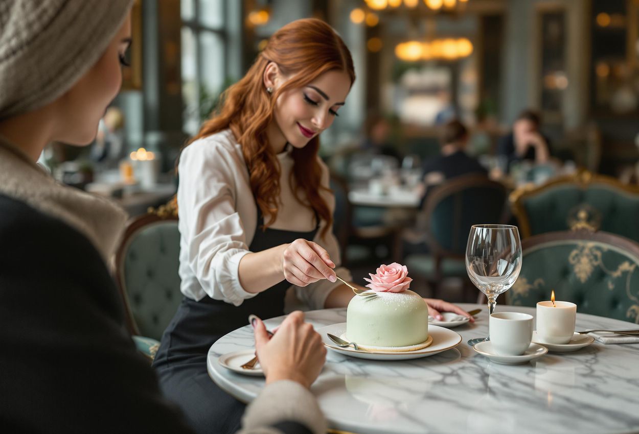 A photograph capturing a serene moment inside Brogyllen café in Gothenburg, Sweden. A waitress serves a slice of princess cake to a customer amidst classic Swedish decor.