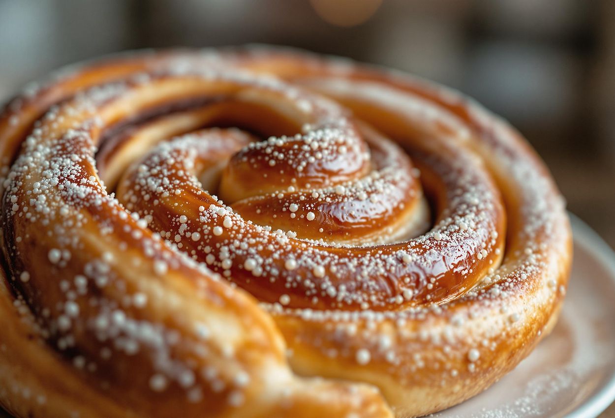 A close-up photograph of a large, freshly baked cinnamon bun dusted with pearl sugar at Café Husaren in Gothenburg, Sweden.
