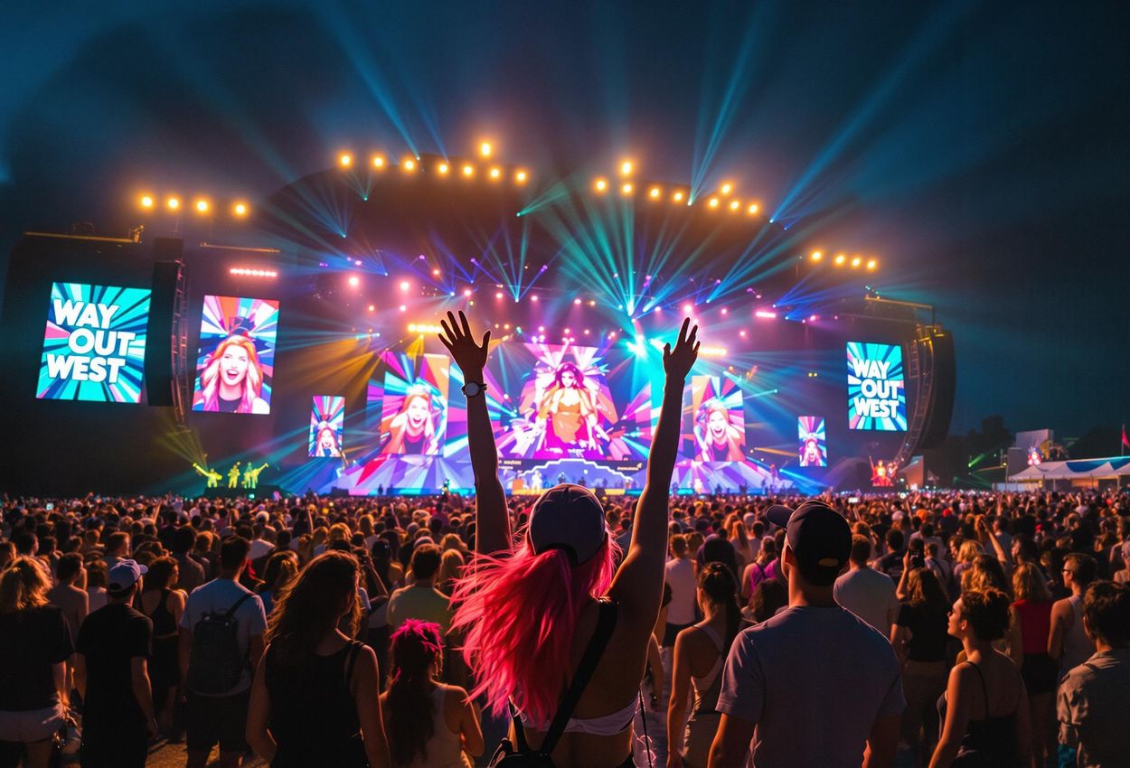 A captivating photo capturing the vibrant atmosphere of Way Out West festival in Gothenburg, Sweden, showcasing a diverse crowd enjoying an evening performance.
