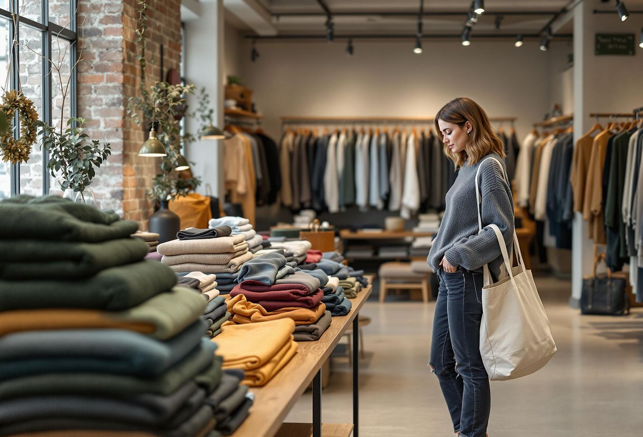 A photograph capturing the stylish interior of a clothing store in Stockholm, featuring a curated selection of vintage and sustainable fashion.