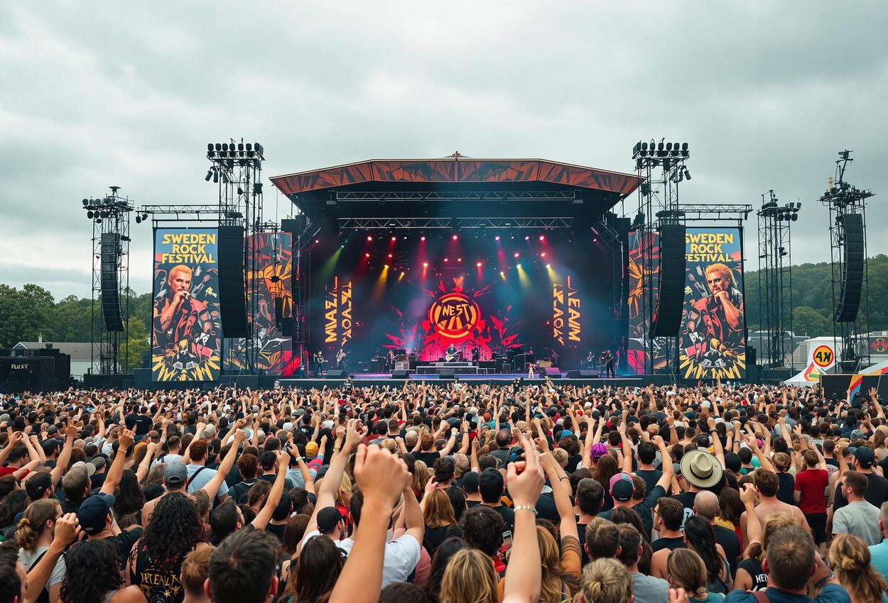 A vibrant photograph capturing the raw energy and excitement of the Sweden Rock Festival in Sölvesborg, Sweden. A wide shot of the main stage during a daytime performance, filled with rock and metal fans.