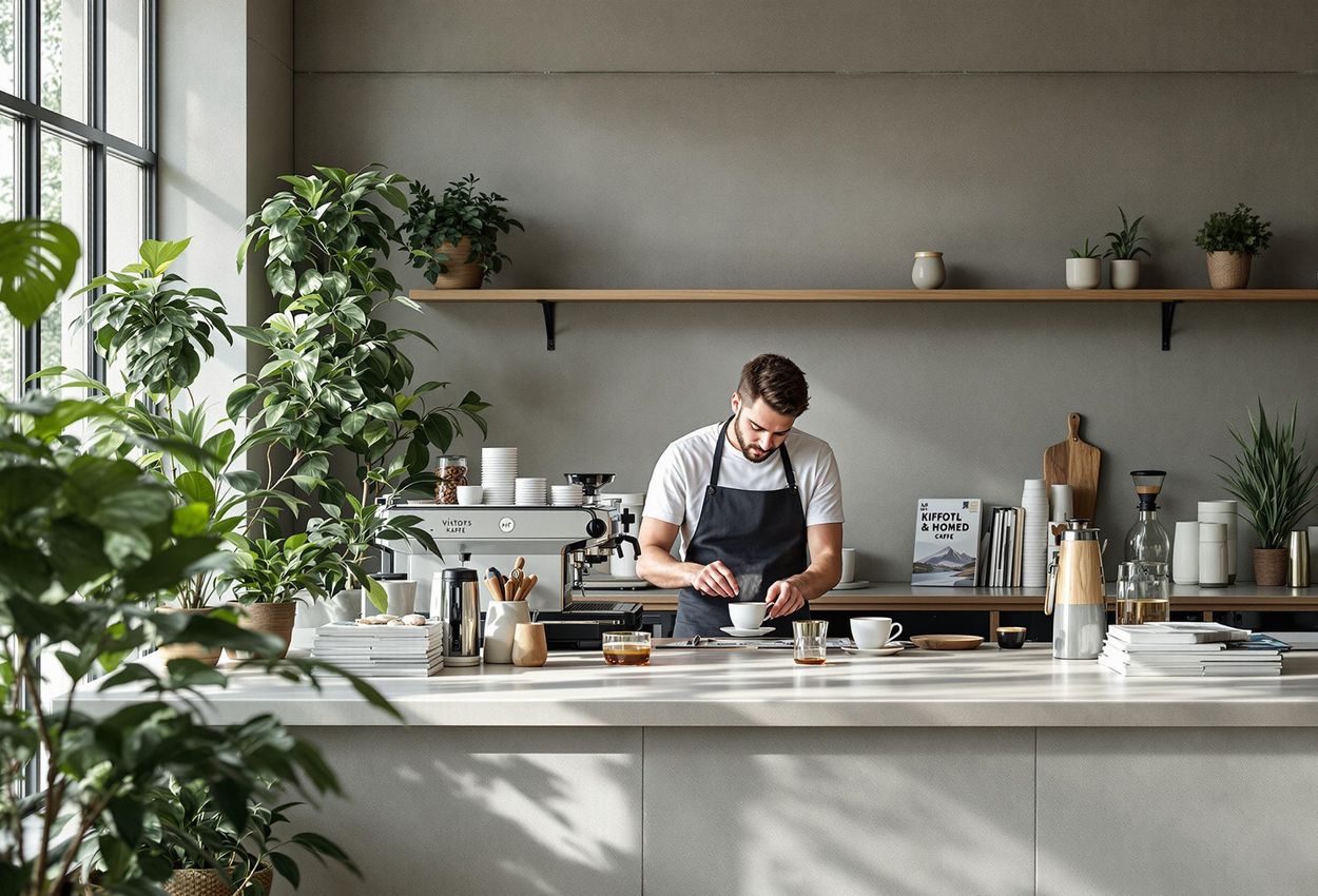 A minimalist cafe interior showcasing Viktors Kaffe