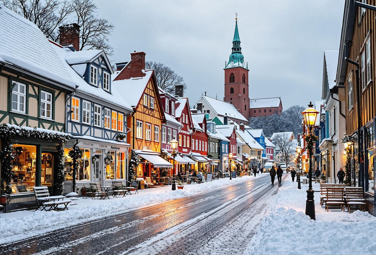 A stunning photograph capturing the medieval beauty of Sigtuna, Sweden, in winter. The snow-covered Storagatan, lined with colorful wooden houses and the iconic St. Mary