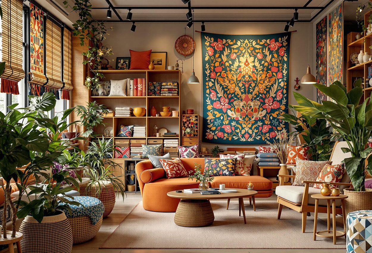A photograph showcasing a vibrant display of handcrafted textiles and home decor from Africa and Asia at Afroart in Stockholm. The image captures the rich colors and textures of the fabrics, arranged in a visually appealing and immersive setting.