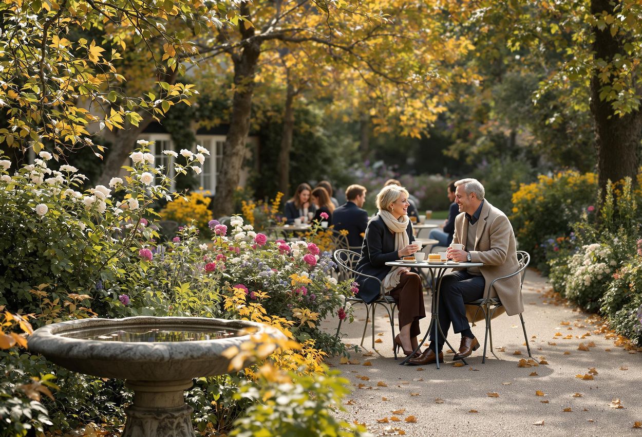 A photograph captures a tranquil autumn scene at Flickorna på Rosenhill in Stockholm. Guests enjoy coffee and cake amidst a lush garden filled with flowers and trees.