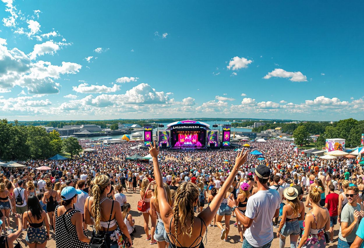 A wide-angle photograph capturing the vibrant atmosphere of Lollapalooza Stockholm, with multiple stages, a diverse crowd, and a clear blue sky.