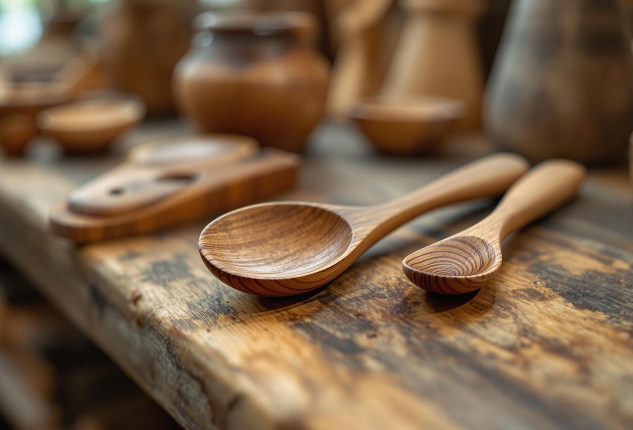 A detailed close-up photo of handcrafted wooden utensils and tools in Konsthantverktyg, showcasing the beauty and tradition of artisanal craftsmanship.