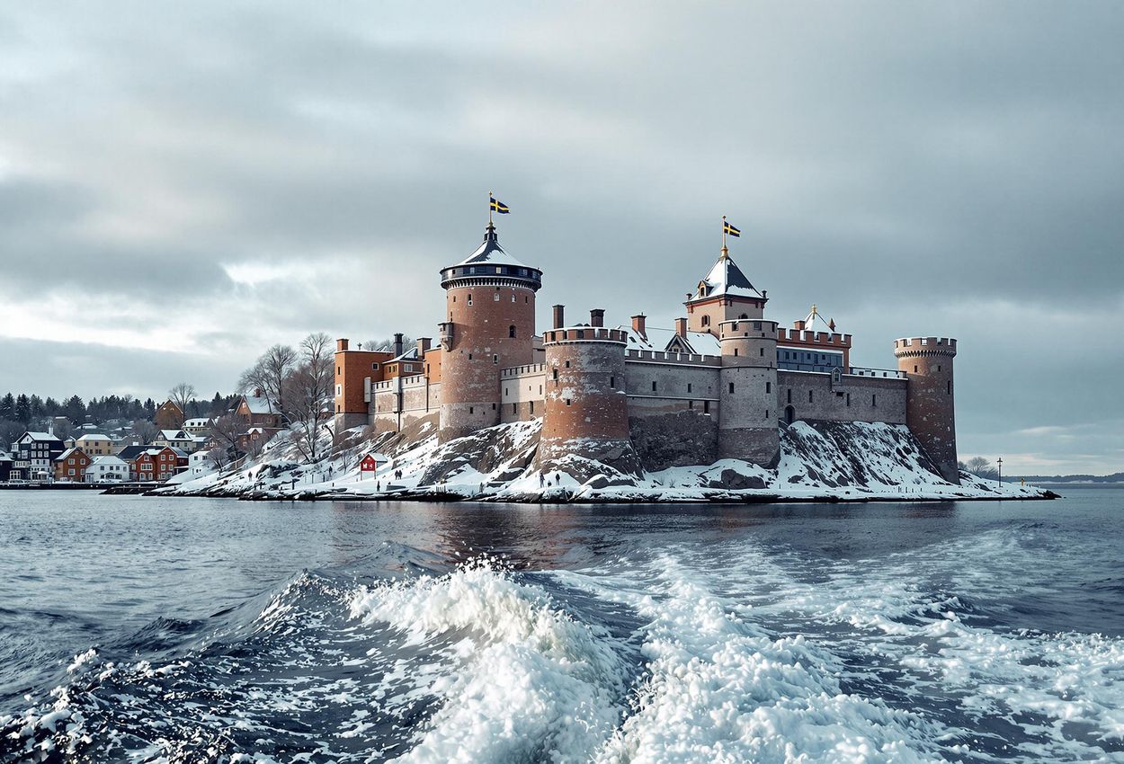 A captivating view of Vaxholm Fortress in winter, showcasing its imposing architecture and historical significance as the gateway to Stockholm.