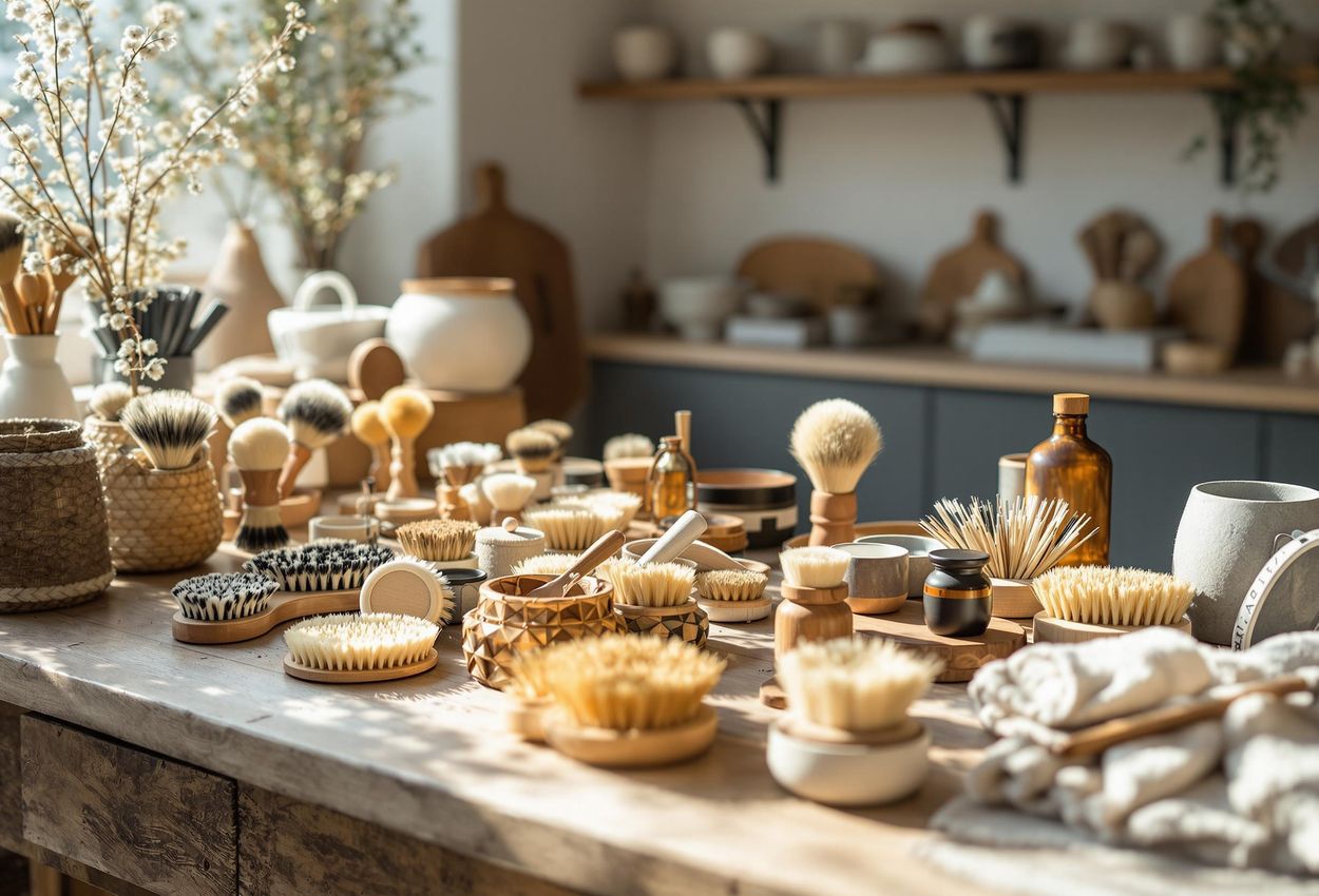 A photograph showcasing a selection of handcrafted brushes and home accessories at Iris Hantverk, highlighting the beauty of craftsmanship and sustainable design.
