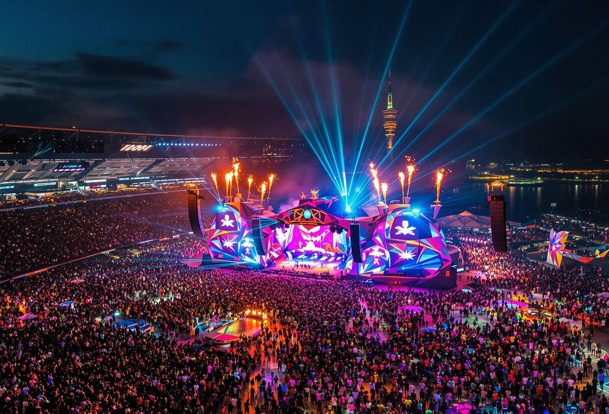 An aerial photograph capturing the vibrant energy of the Summerburst EDM festival at night, filled with dancing crowds, colorful lasers, and spectacular pyrotechnics.