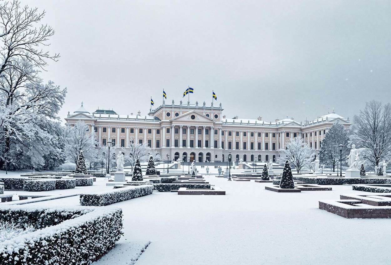 A panoramic photograph of Drottningholm Palace in Sweden during winter, showcasing its elegant architecture, snow-covered gardens, and royal flags.