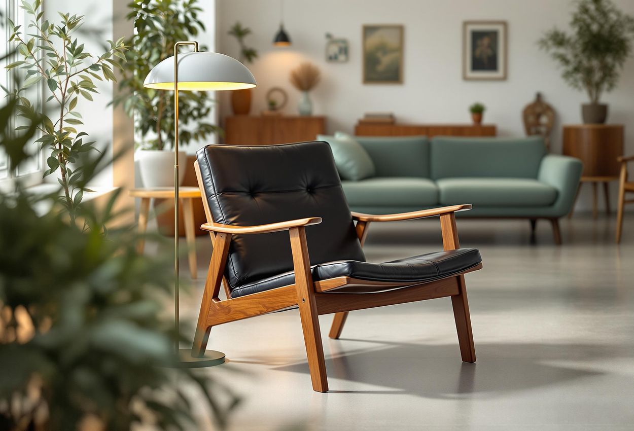 A photograph showcasing a curated collection of vintage Scandinavian furniture and lighting designs in a Stockholm gallery, highlighting iconic pieces from the mid-20th century.