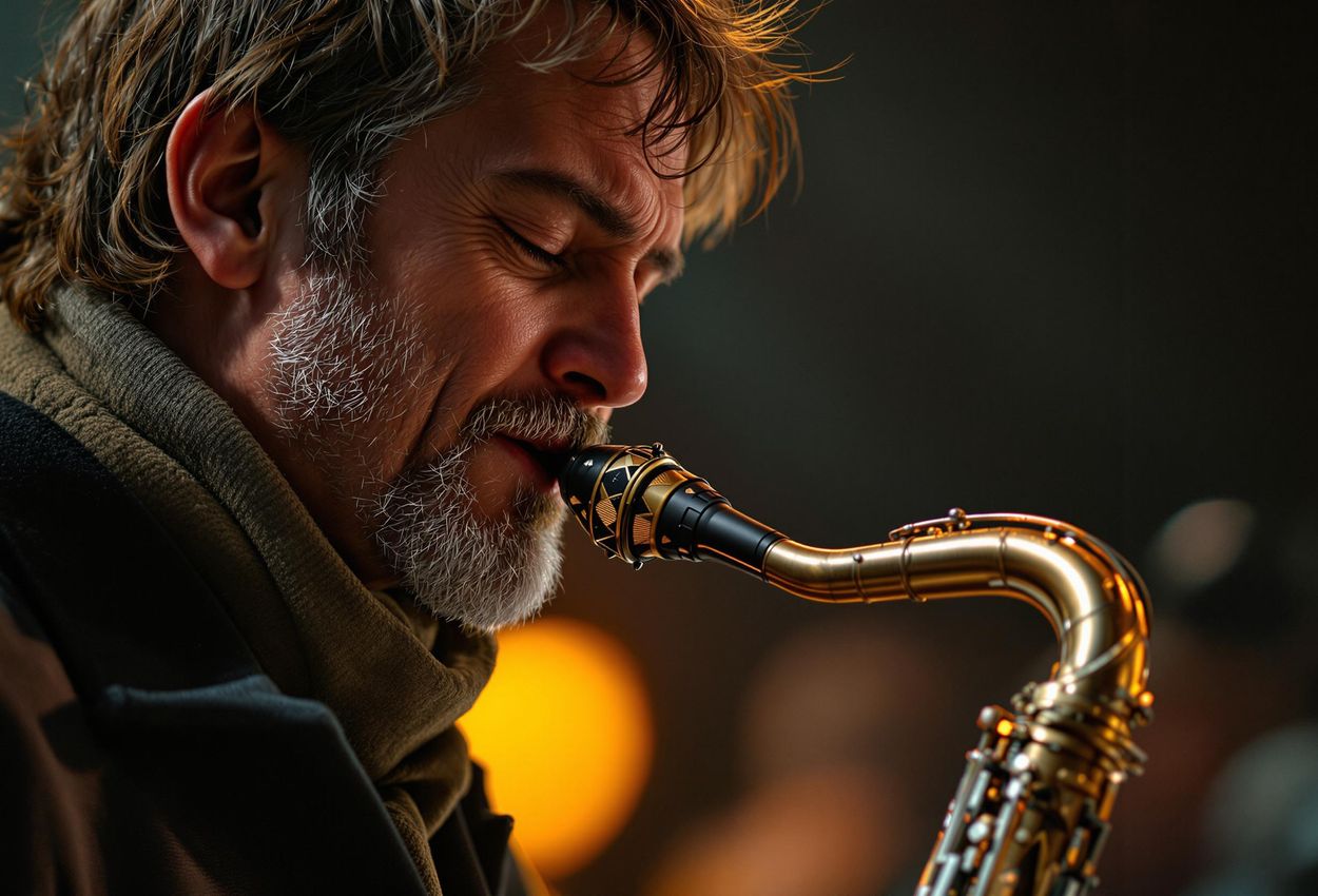 A close-up photo capturing the passion of a jazz musician performing at the Stockholm Jazz Festival, highlighting the intimate atmosphere and artistry of the event.