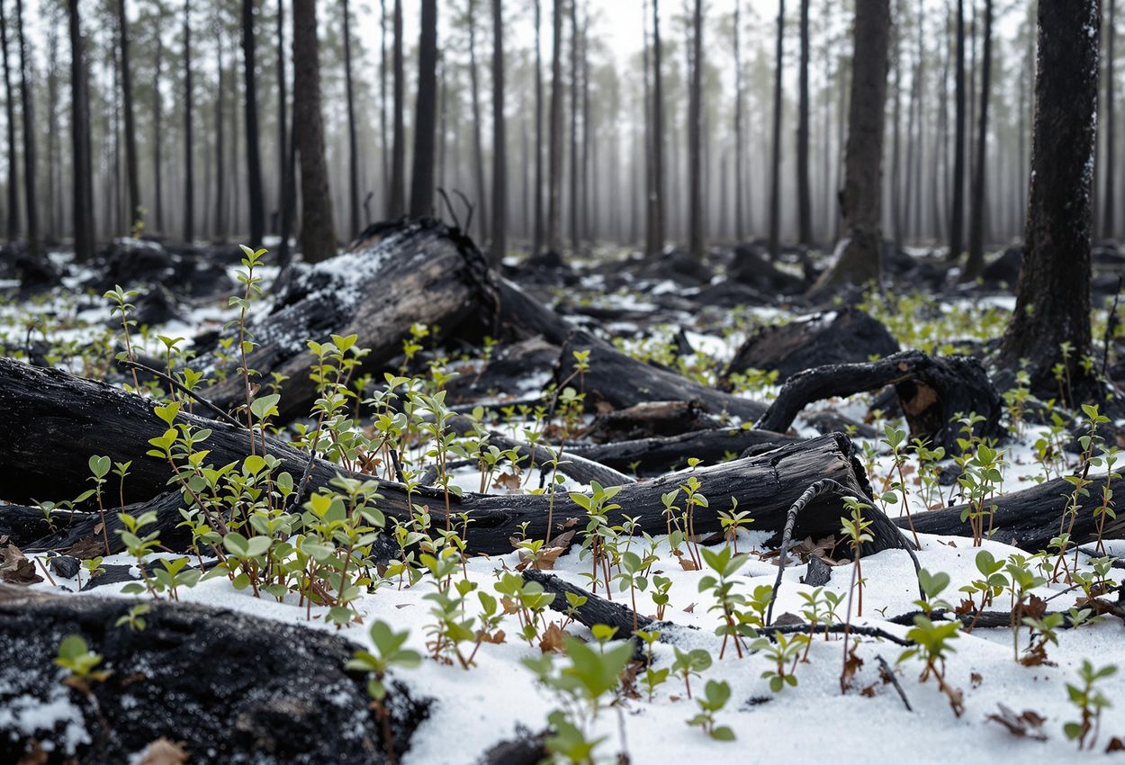 A photograph capturing the natural regeneration process in Tyresta National Park after a fire, showcasing the contrast between charred trees and new growth.