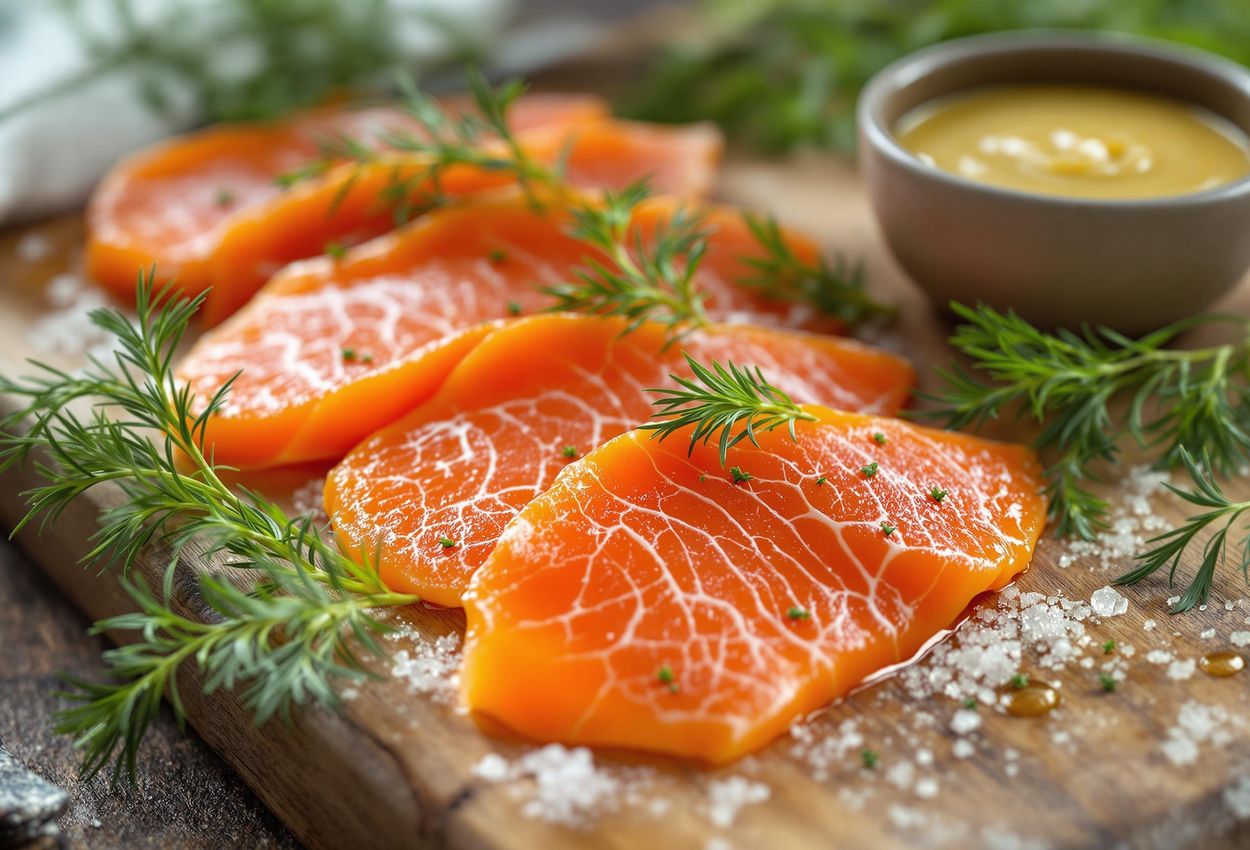 A detailed close-up photograph of gravlax slices arranged on a wooden board, garnished with fresh dill and served with Swedish mustard sauce. The image highlights the vibrant colors and textures of this Scandinavian delicacy.
