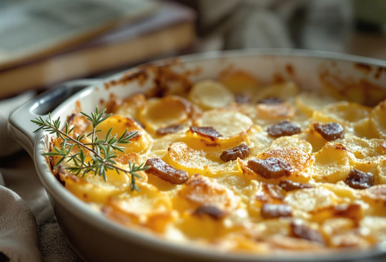 A close-up photograph of Janssons Frestelse, a traditional Swedish potato and anchovy gratin, bubbling in a ceramic dish. The image showcases the dish