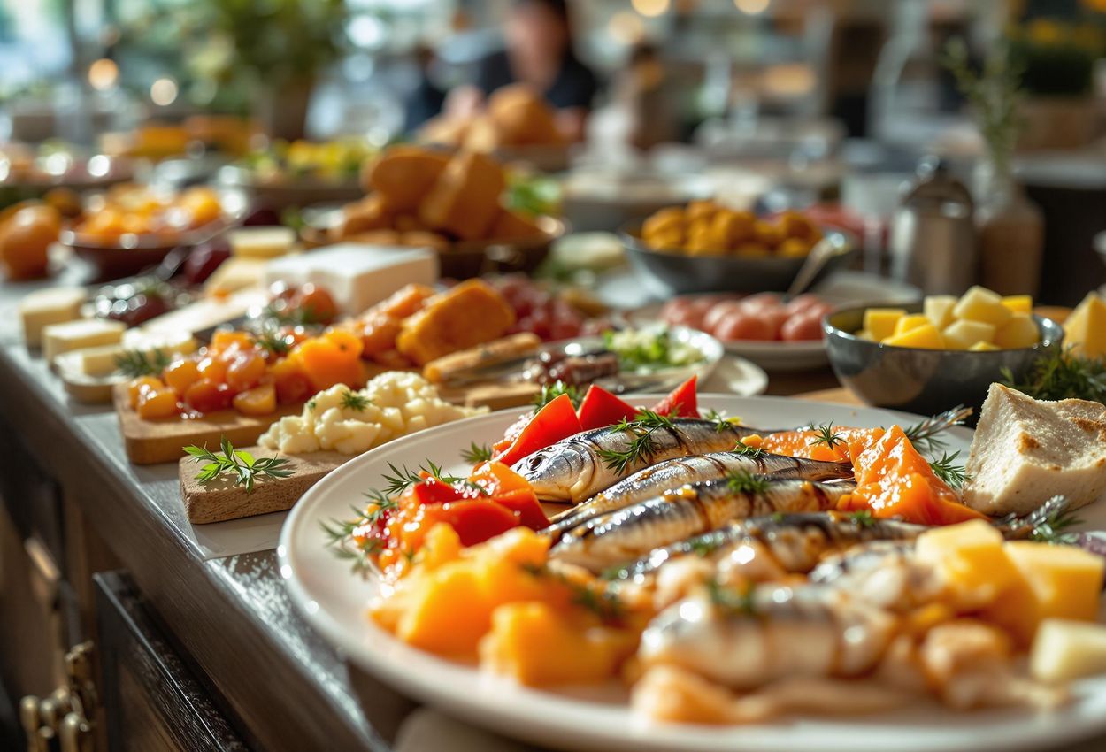A detailed photograph of a beautifully arranged Smörgåsbord buffet, showcasing the diversity of Swedish cuisine in a luxurious Stockholm restaurant.