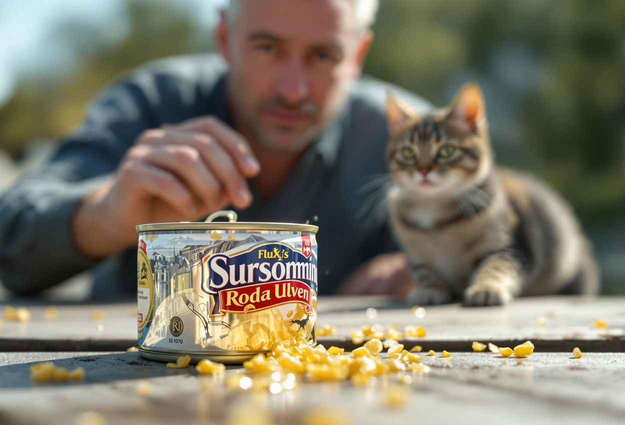 A detailed photograph capturing the moment a can of Surströmming is opened outdoors, highlighting its unique texture and the humorous reactions it evokes. A glimpse into Swedish culinary tradition.
